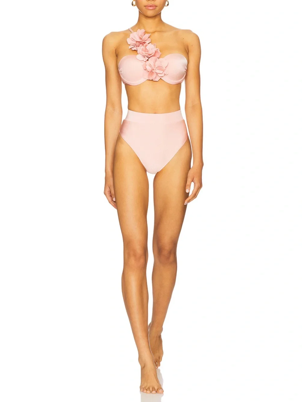 PatBO Blush Pink Floral Appliqué Strapless High-Waist Bikini
